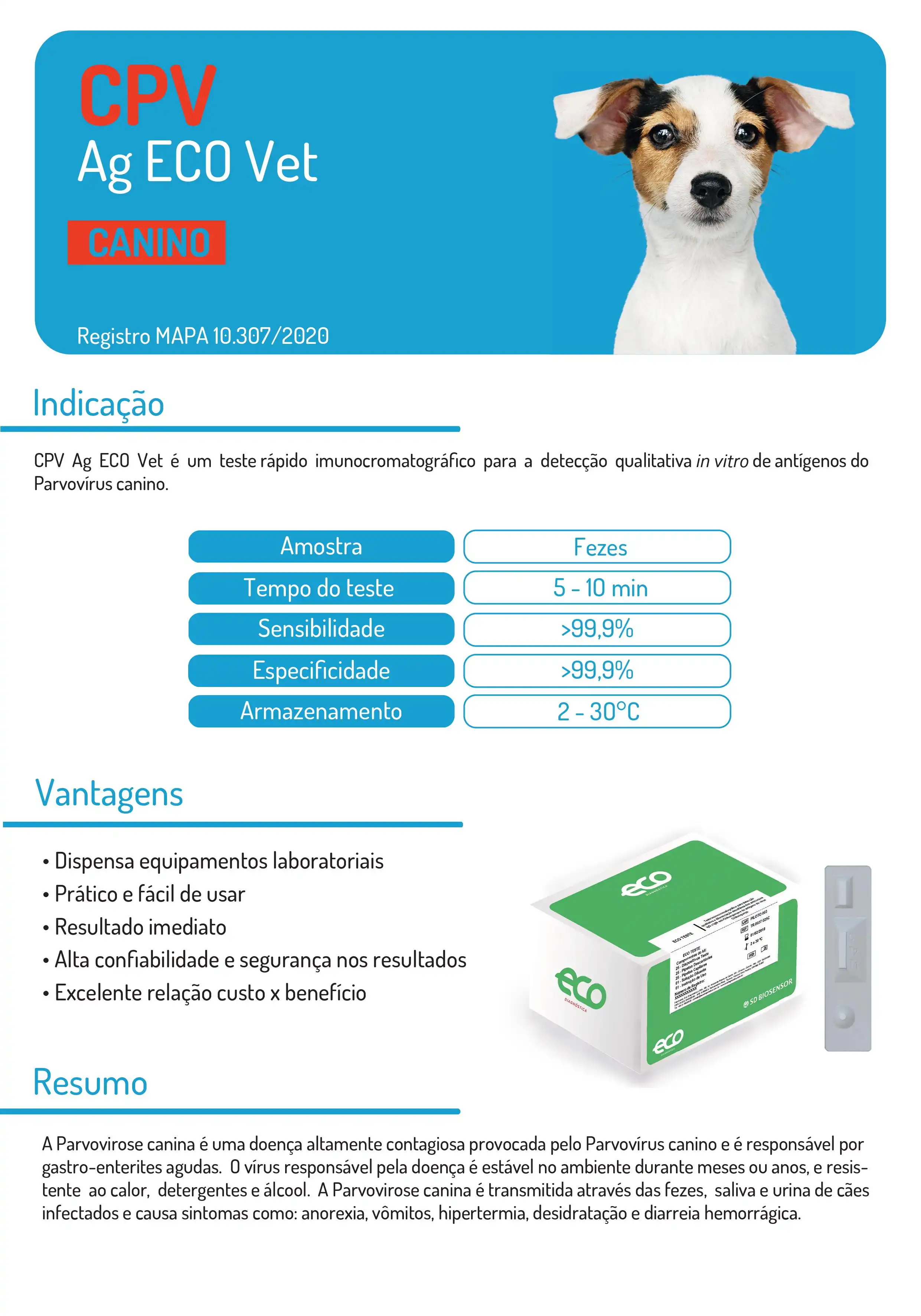 TESTE PARVOVIRUS CPV AG ECO VET KIT C/ 10 CAES