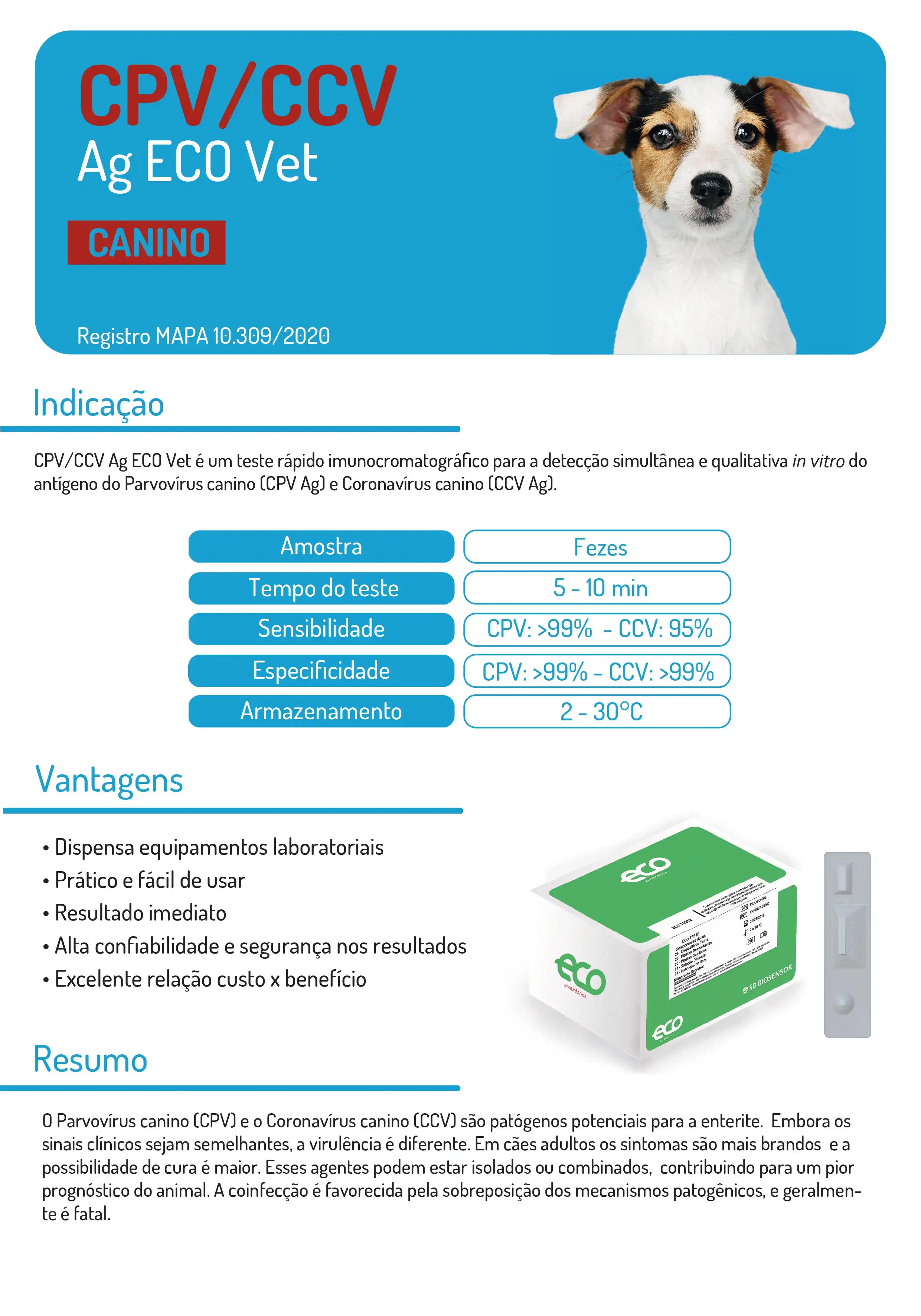 TESTE PARVOVIRUS/CORONAVIRUS CPV/CCV AG ECO VET KIT C/ 10 (CAES)