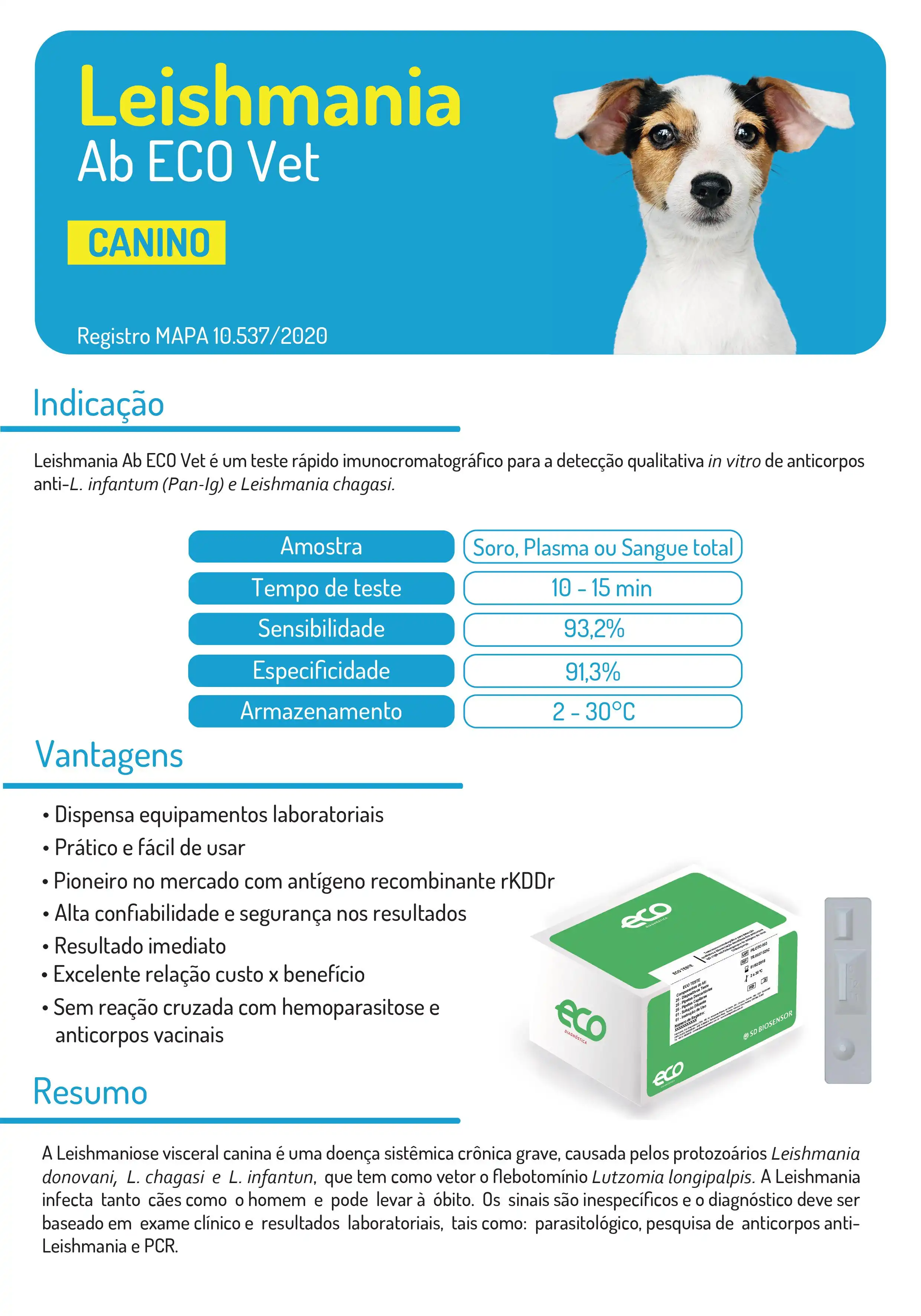 TESTE LEISHMANIA AB ECO VET KIT C/ 10 TESTES (CAES)